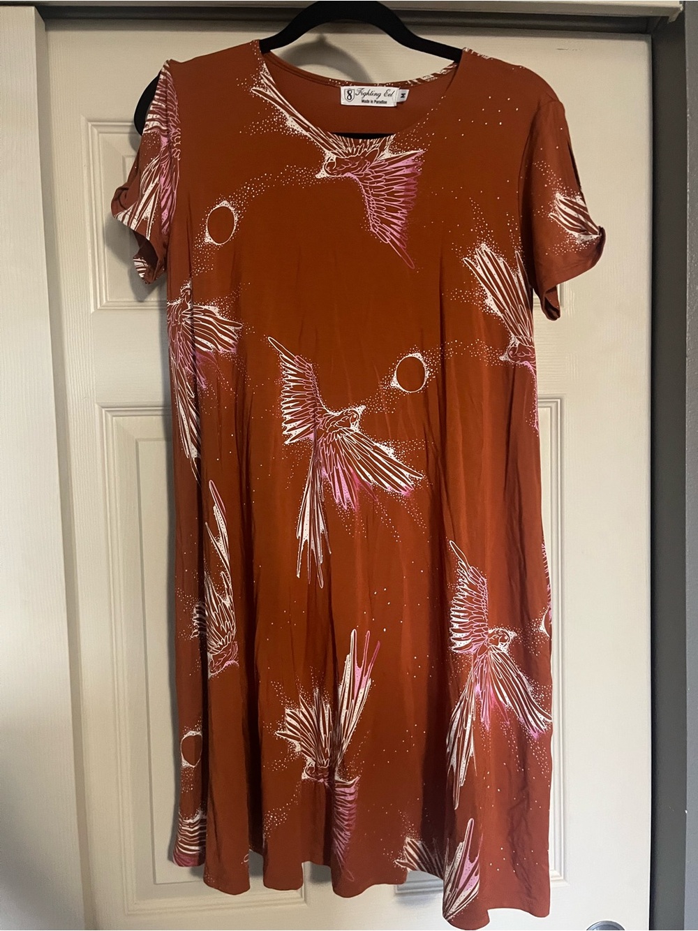 Fighting Eel Rust Orange Midi Dress with Pink & White Bird Print